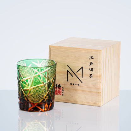 Whiskey Glass Edo Kiriko Handcrafted Crane Lightning with Wooden Gift Box