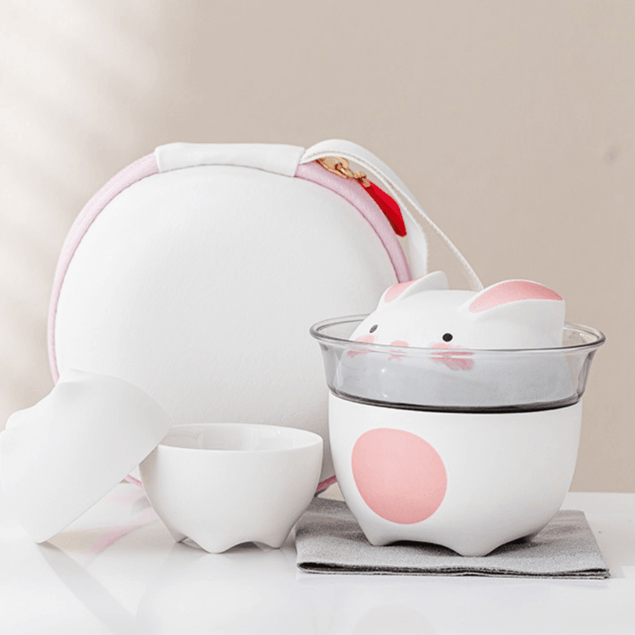Tea Set Ceramic Bunny Teapot & Cups with Leather Carrying Case – Cute Gift Set
