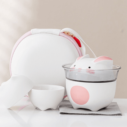Tea Set Ceramic Bunny Teapot & Cups with Leather Carrying Case – Cute Gift Set