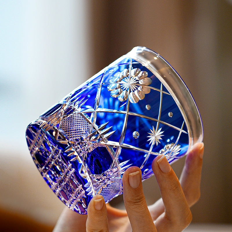 Whiskey Glass Royal Blue Kohana Blossom | Edo Kiriko Floral Crystal