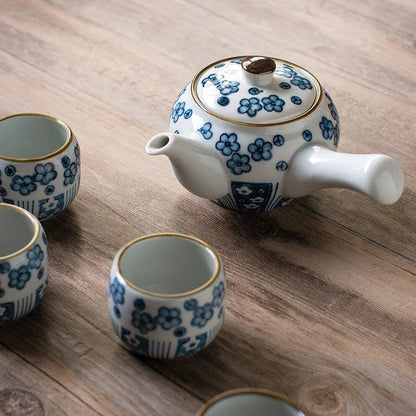 Ceramic Tea Set Japanese Handcrafted Blue Sakura Teapot and 4 Cups Cherry Blossom Gift Box
