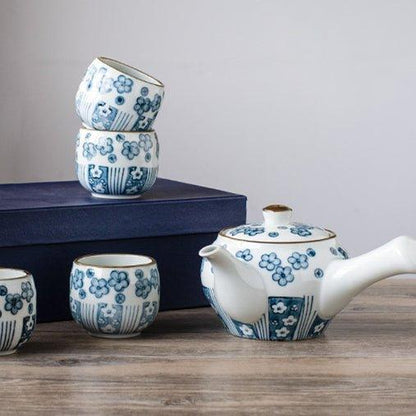 Ceramic Tea Set Japanese Handcrafted Blue Sakura Teapot and 4 Cups Cherry Blossom Gift Box