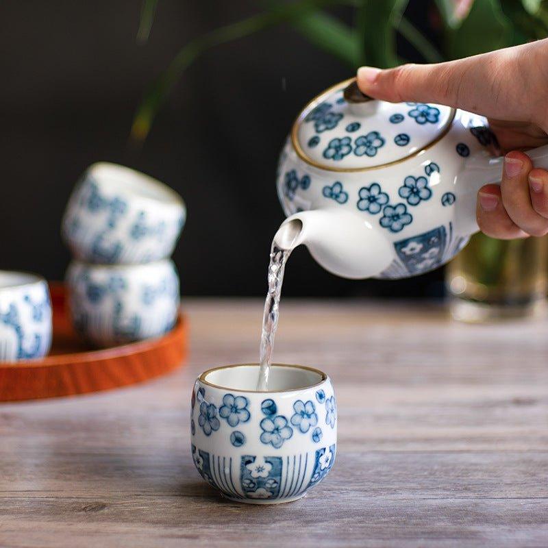 Ceramic Tea Set Japanese Handcrafted Blue Sakura Teapot and 4 Cups Cherry Blossom Gift Box