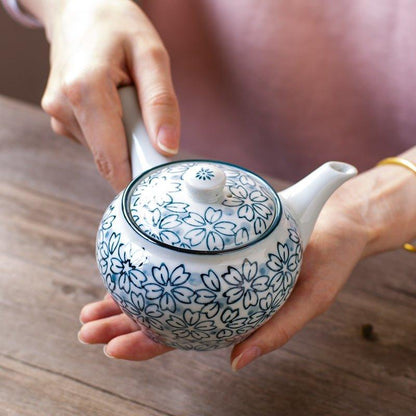 Ceramic Tea Set Japanese Handcrafted Blue Sakura Teapot and 4 Cups Cherry Blossom Gift Box
