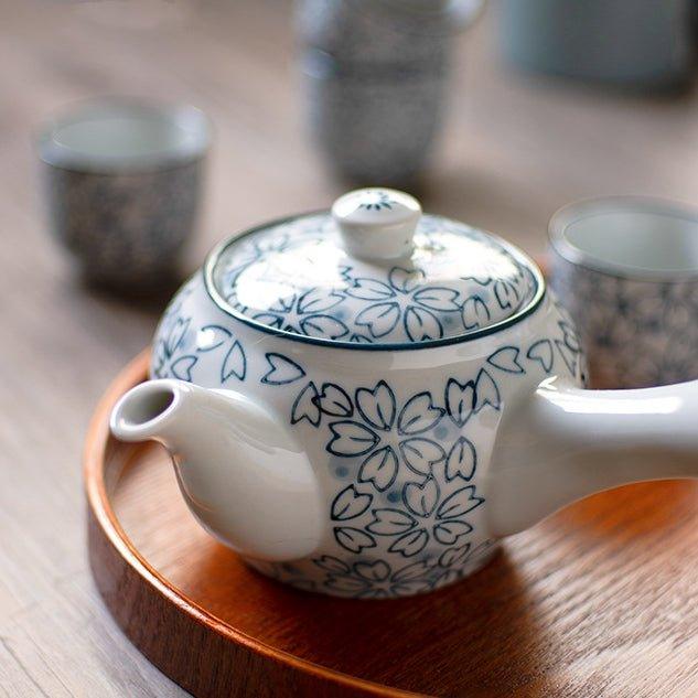 Ceramic Tea Set Japanese Handcrafted Blue Sakura Teapot and 4 Cups Cherry Blossom Gift Box
