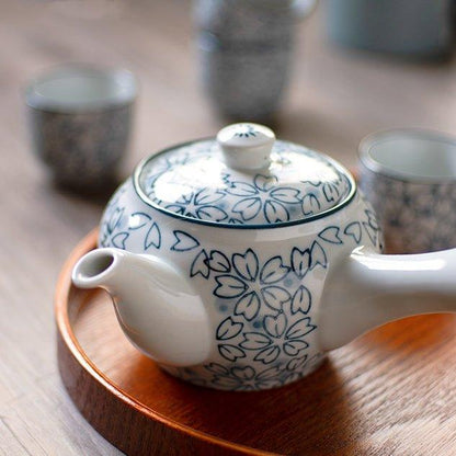 Ceramic Tea Set Japanese Handcrafted Blue Sakura Teapot and 4 Cups Cherry Blossom Gift Box