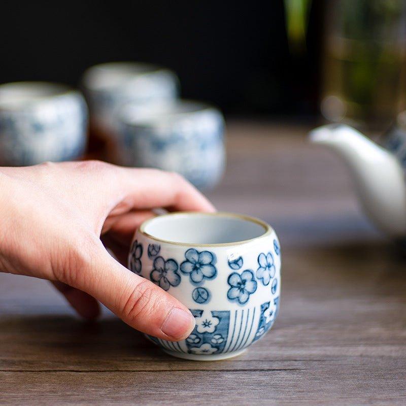 Ceramic Tea Set Japanese Handcrafted Blue Sakura Teapot and 4 Cups Cherry Blossom Gift Box