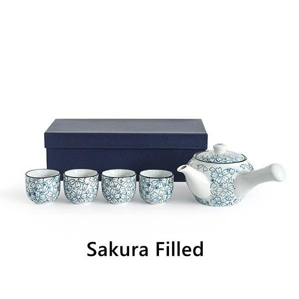 Ceramic Tea Set Japanese Handcrafted Blue Sakura Teapot and 4 Cups Cherry Blossom Gift Box