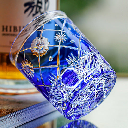Whiskey Glass Royal Blue Kohana Blossom | Edo Kiriko Floral Crystal