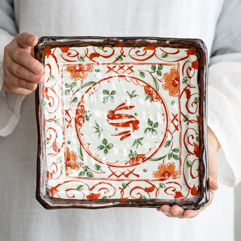 Japanese Ceramic Dish Set – Mino Ware Akae Red Butterfly