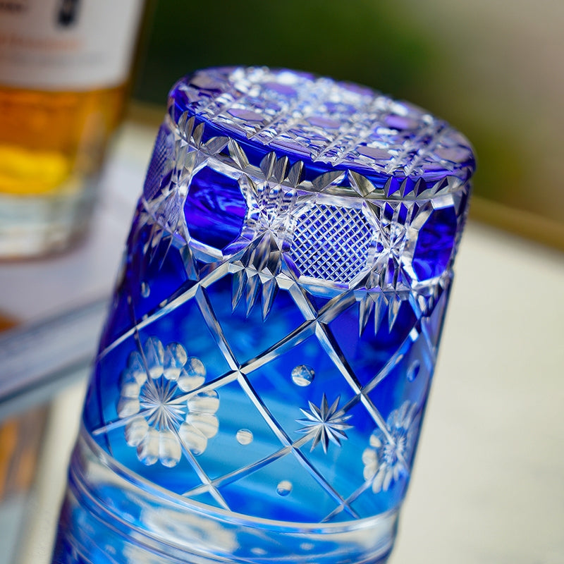 Whiskey Glass Royal Blue Kohana Blossom | Edo Kiriko Floral Crystal