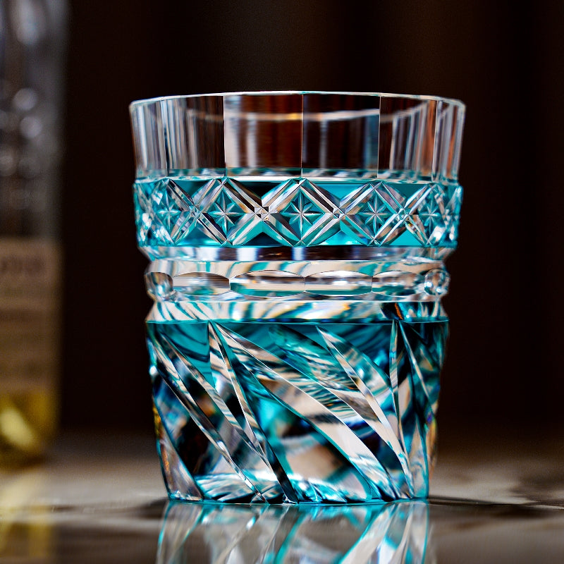 Whiskey Glass Edo Kiriko Aozora Kaze – Hand-Cut Azure Blue Japanese Tumbler with Wooden Box