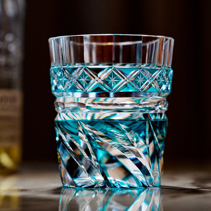 Whiskey Glass Edo Kiriko Aozora Kaze – Hand-Cut Azure Blue Japanese Tumbler with Wooden Box