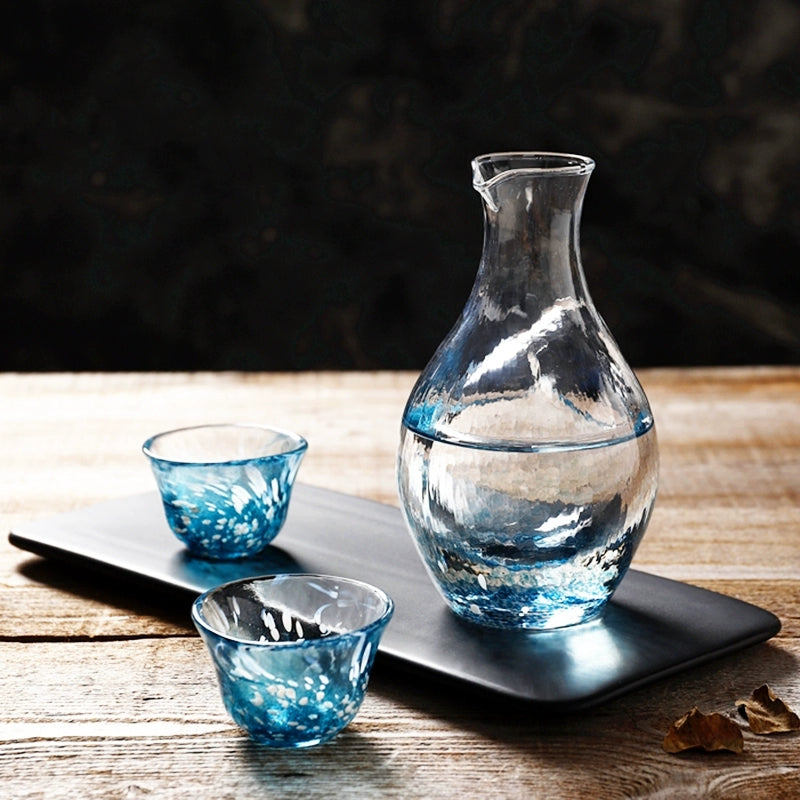 Cold Sake Set Japanese Glass Flagon & Cups – Sapphire Wave