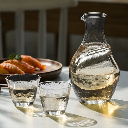 Cold Sake Set with Ice Chamber | Golden Glass Flagon & 2 Cups