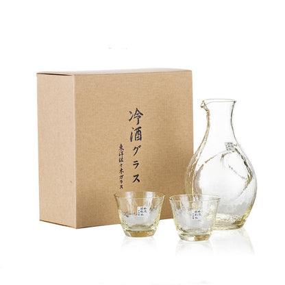 Cold Sake Set with Ice Chamber | Golden Glass Flagon & 2 Cups