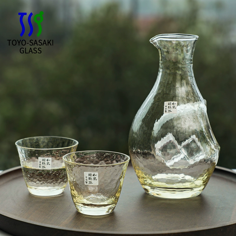 Cold Sake Set with Ice Chamber | Golden Glass Flagon & 2 Cups