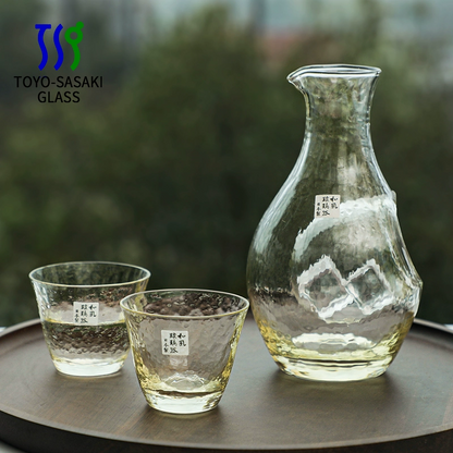 Cold Sake Set with Ice Chamber | Golden Glass Flagon & 2 Cups