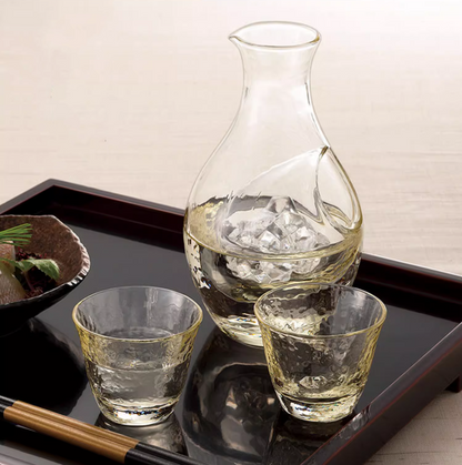 Cold Sake Set with Ice Chamber | Golden Glass Flagon & 2 Cups