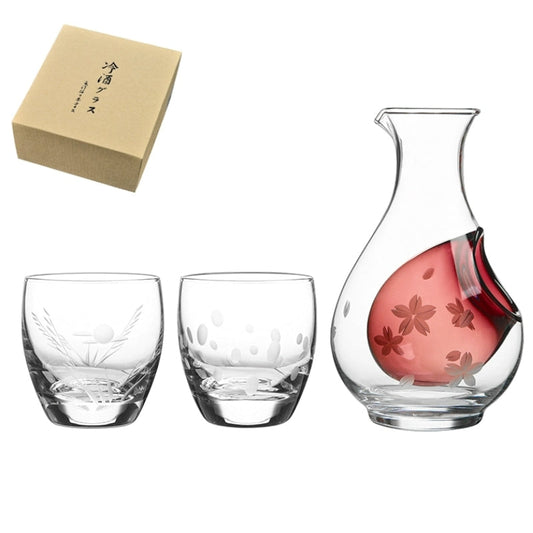 Cold Sake Set Japanese Glass Flagon & Cups – Sakura Blossom Engraved