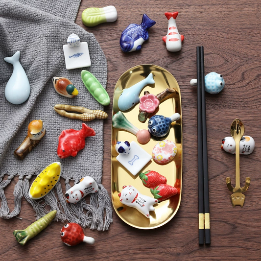 Chopstick Rest Ceramic Handcrafted Animal Fruit Design Japanese Table Decor Set of 3 Cute Chopstick Holder