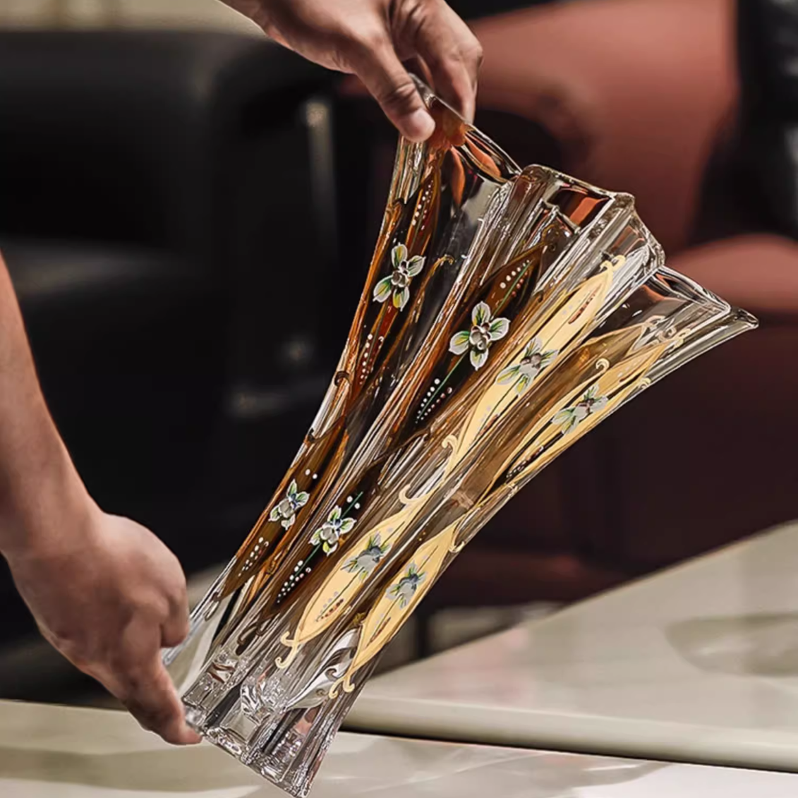 Crystal Vase | Bohemian Enamel & Gold Lily Handcrafted Czech Glass
