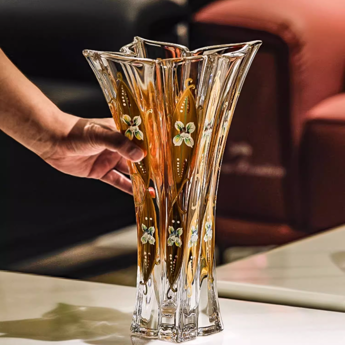 Crystal Vase | Bohemian Enamel & Gold Lily Handcrafted Czech Glass