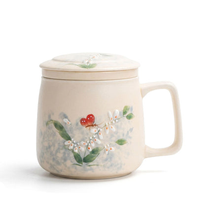 Ceramic Tea Cup With Infuser Lid Butterfly Floral Design