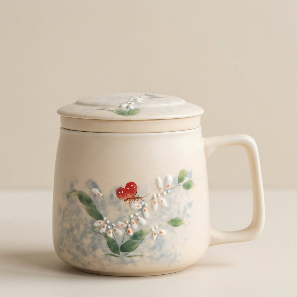 Ceramic Tea Cup With Infuser Lid Butterfly Floral Design