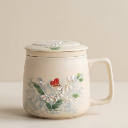 Ceramic Tea Cup With Infuser Lid Butterfly Floral Design