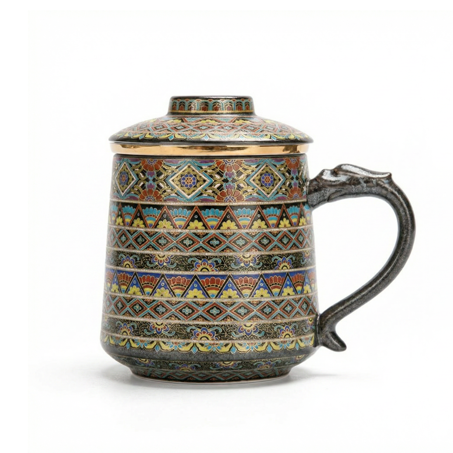 Ceramic Tea Cup with Infuser – Dunhuang Dragon Handle Gold Silver Inlay 400ml