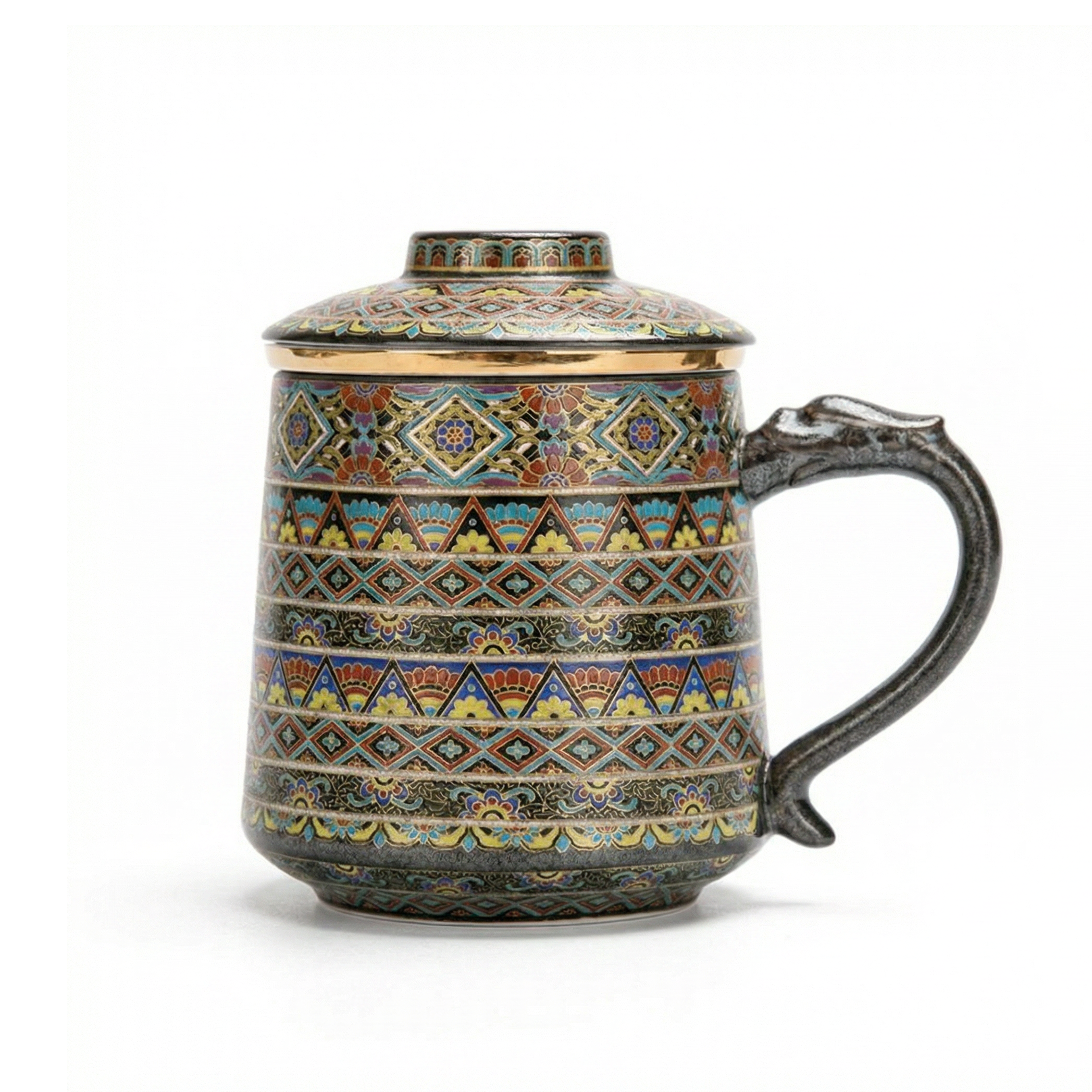 Ceramic Tea Cup with Infuser – Dunhuang Dragon Handle Gold Silver Inlay 400ml