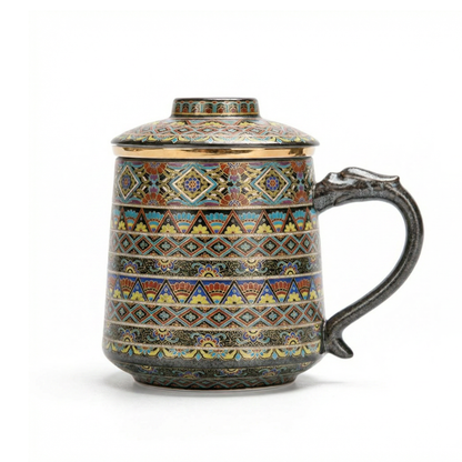 Ceramic Tea Cup with Infuser – Dunhuang Dragon Handle Gold Silver Inlay 400ml