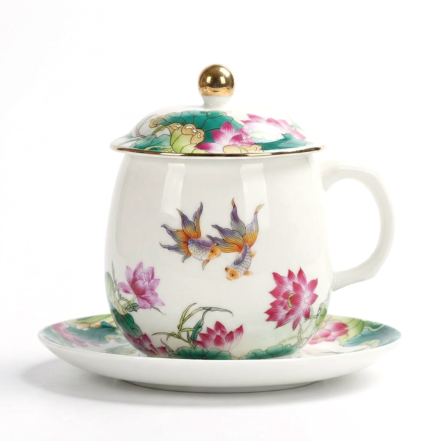 Porcelain Tea Cup with Lid & Saucer – Lotus Fish 350ml