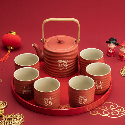 Wedding Tea Set Coarse Pottery Double Happiness 1 Pot 6 Cups
