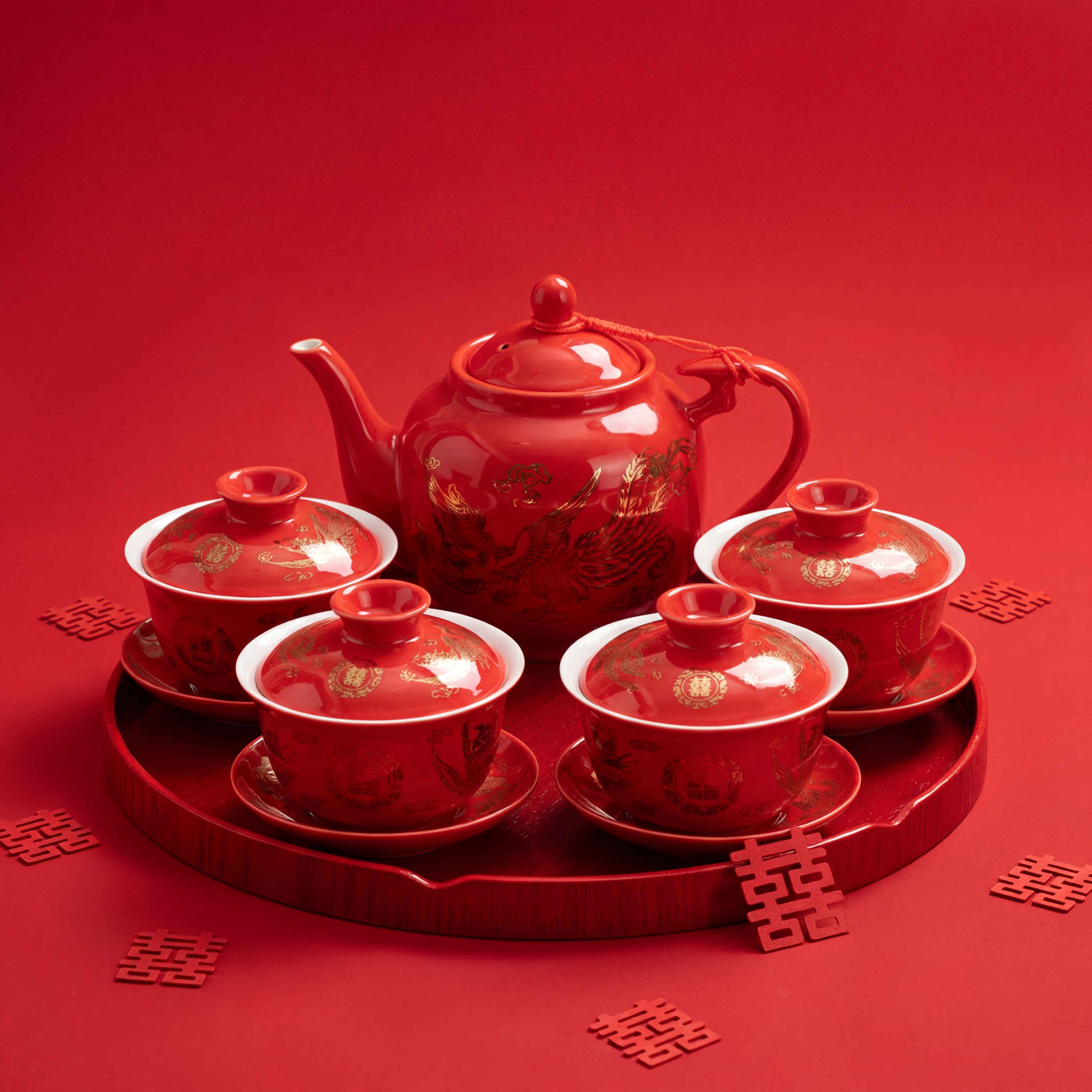 Wedding Tea Set Porcelain Teapot 4 Gaiwan Dragon Happiness Tray