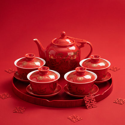 Wedding Tea Set Porcelain Teapot 4 Gaiwan Dragon Happiness Tray