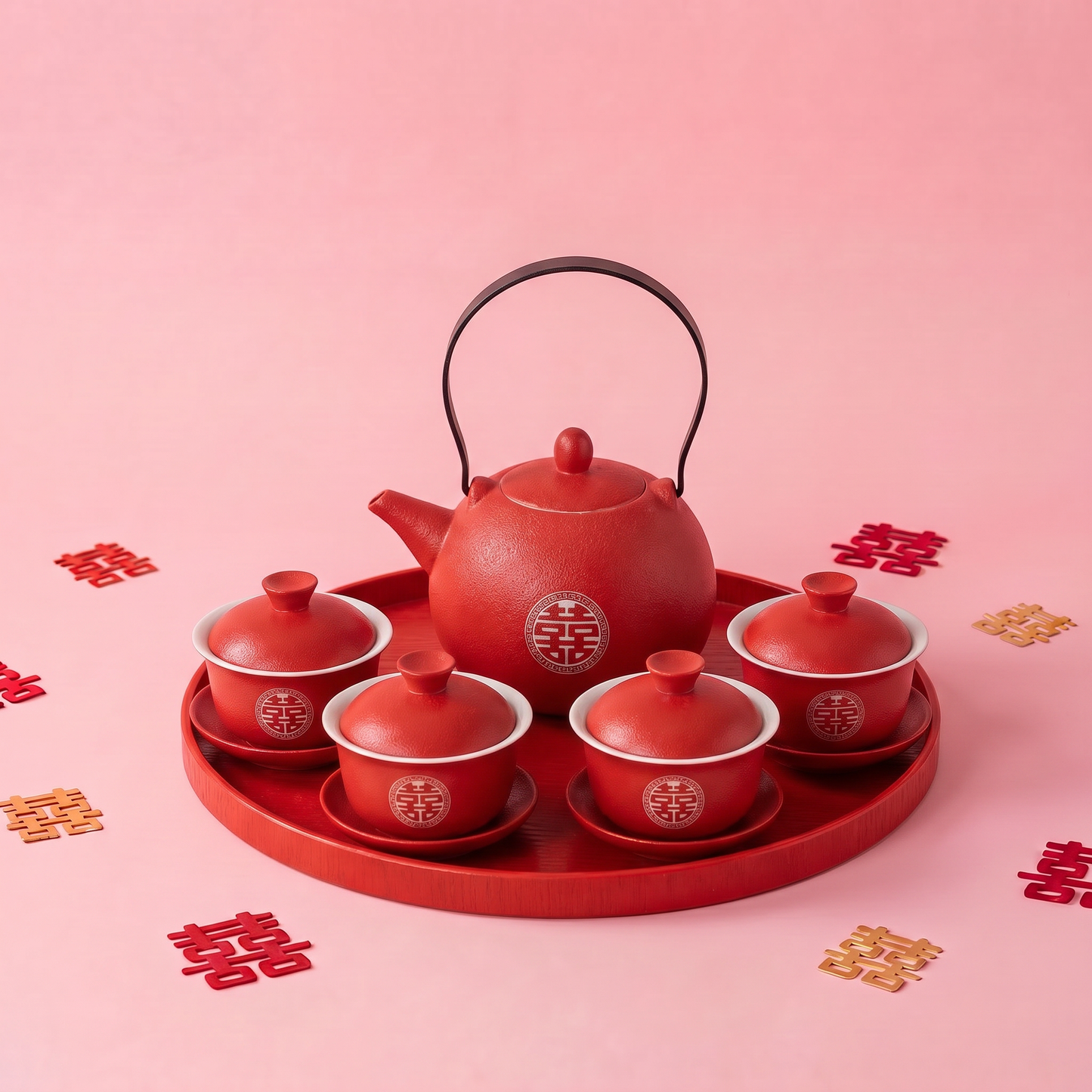 Wedding Tea Set Double Happiness Teapot 4 Gaiwans Tray