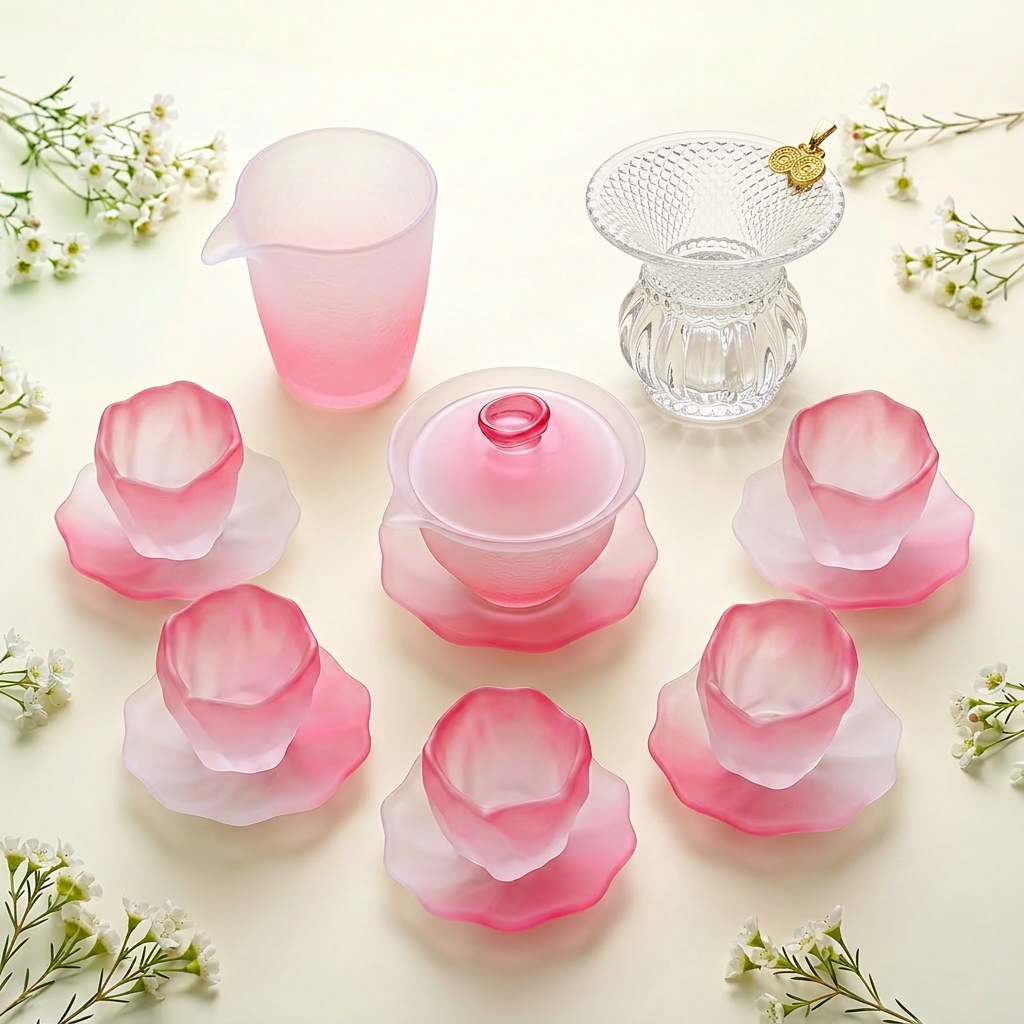 Cherry Blossom Glass Tea Set 9pc | Pink Flower Gaiwan Set
