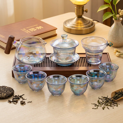 Iridescent Glass Gaiwan Tea Set Plum Crane 6 Cups