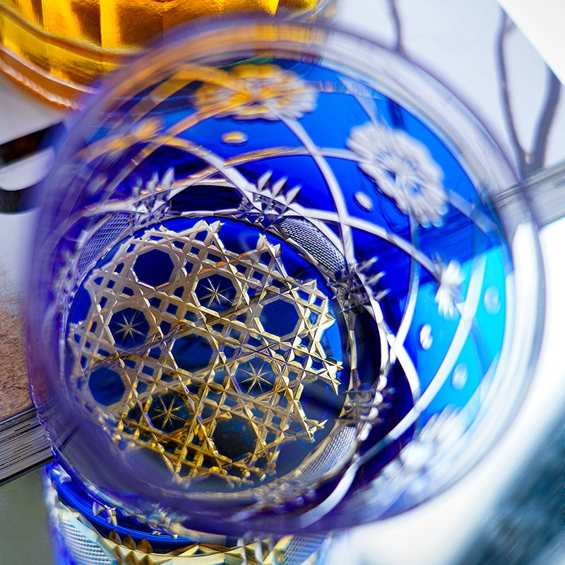 Whiskey Glass Royal Blue Kohana Blossom | Edo Kiriko Floral Crystal