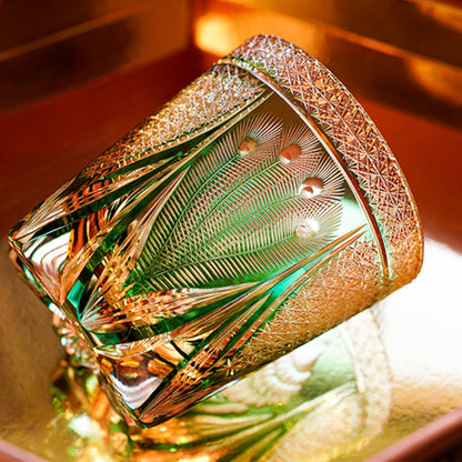 Whiskey Glass Edo Kiriko Handcrafted Emerald Peacock with Wooden Gift Box