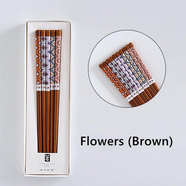 Wooden Chopsticks Set Japanese Family 5 Pairs Flowers Fan Assorted