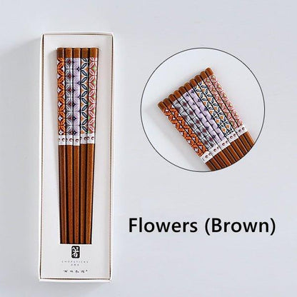 Wooden Chopsticks Set Japanese Family 5 Pairs Flowers Fan Assorted