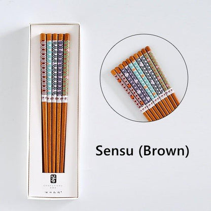 Wooden Chopsticks Set Japanese Family 5 Pairs Flowers Fan Assorted