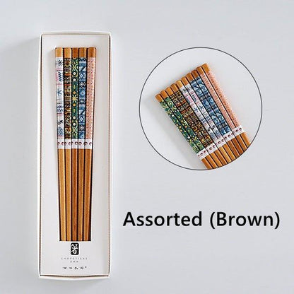 Wooden Chopsticks Set Japanese Family 5 Pairs Flowers Fan Assorted