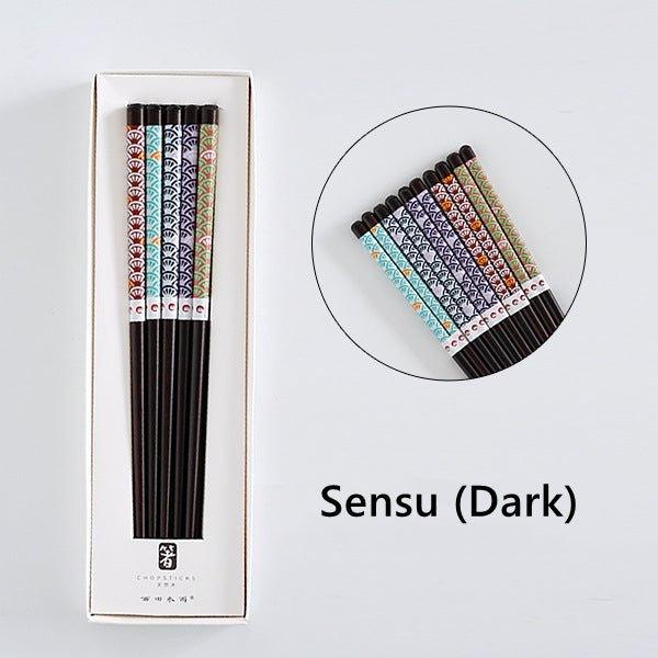 Wooden Chopsticks Set Japanese Family 5 Pairs Flowers Fan Assorted