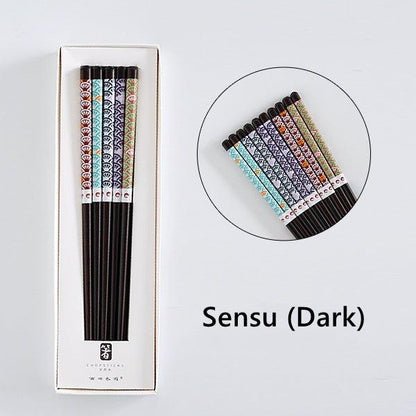 Wooden Chopsticks Set Japanese Family 5 Pairs Flowers Fan Assorted