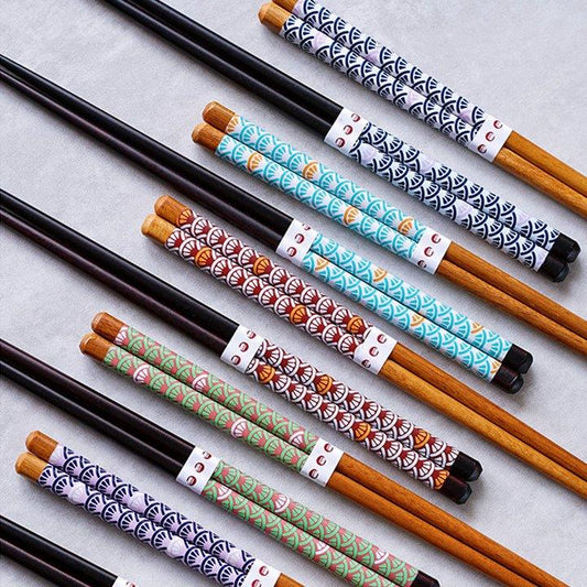 Wooden Chopsticks Set Japanese Family 5 Pairs Flowers Fan Assorted