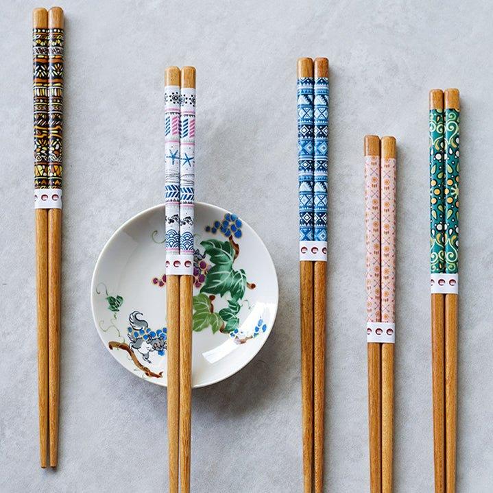 Wooden Chopsticks Set Japanese Family 5 Pairs Flowers Fan Assorted